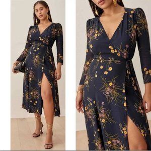 Reformation Melba Mademoiselle Long Sleeve Navy Floral Midi Dress